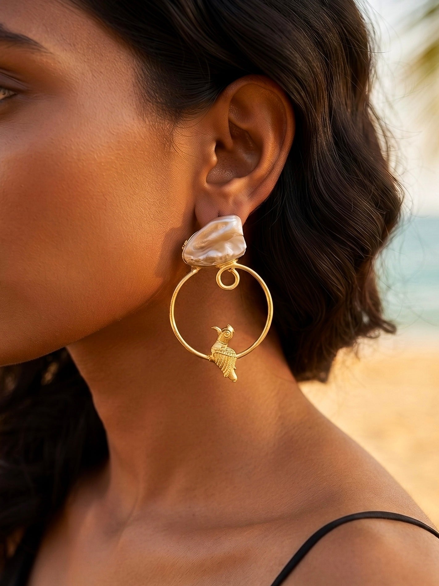 Perched Bird Mother Of Pearl Handmade Brass Earrings