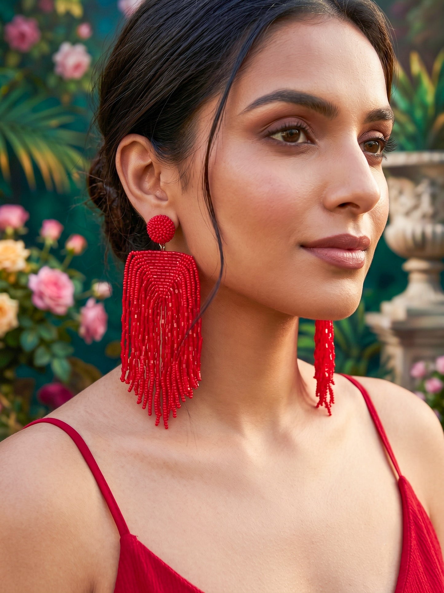 Luxe Crimson Red Handmade Beaded Tassel Earrings