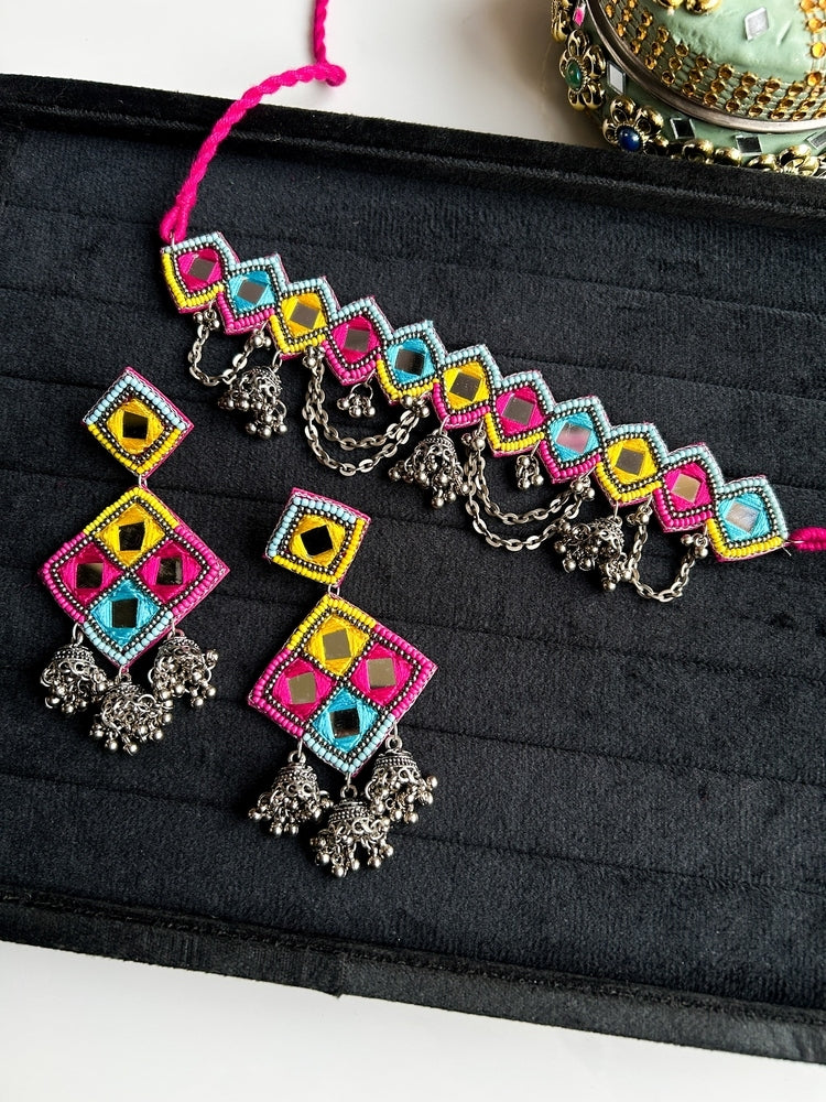Rangrez Mirror Handmade Beaded Necklace & Earrings Set