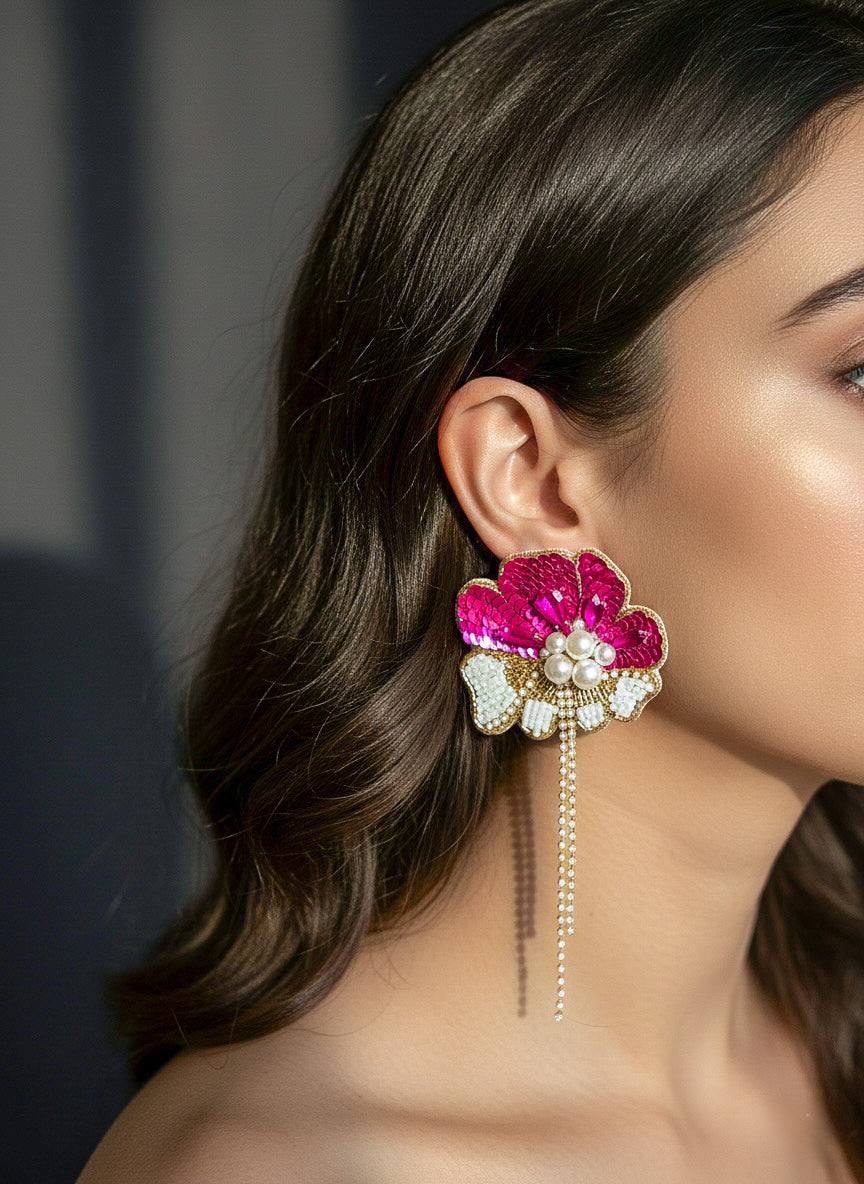 Floral Fiesta Pink Handmade Beaded Flower Earrings