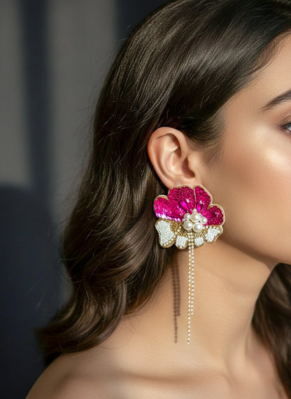 Floral Fiesta Pink Handmade Beaded Flower Earrings