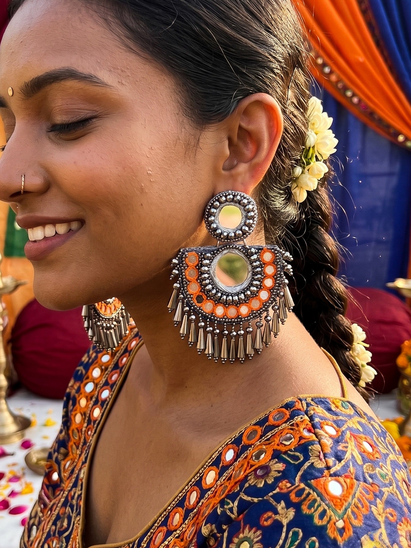 Chandrika Mirror Orange Handmade Beaded Earrings