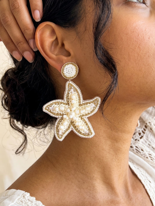 Ivory Pearl Glam Starfish Handmade Beaded Earrings