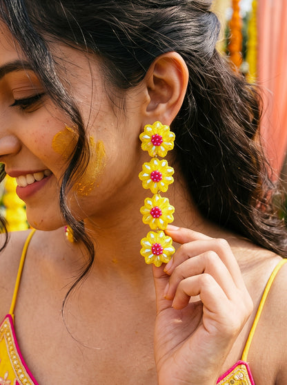 Sparkling Yellow Pink Daisy Flower Handmade Beaded Drop Earrings