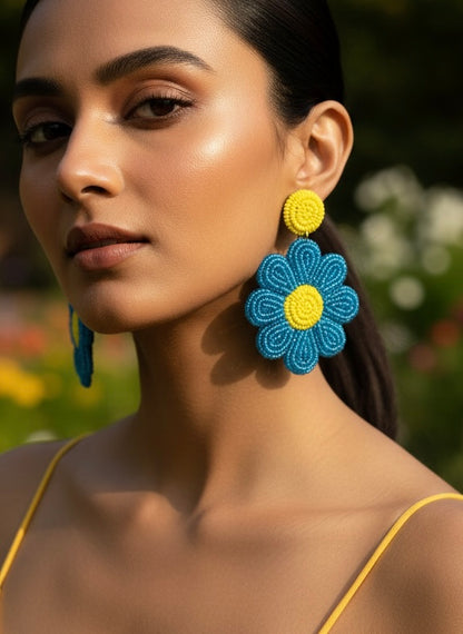 Forever-Blue Daisy Handmade Beaded Flower Earrings