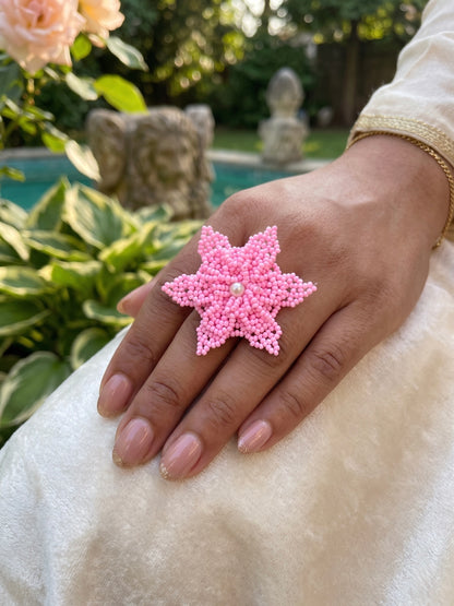 Blush Pink Delicate Snowflake 3D Crochet Handmade Beaded Ring