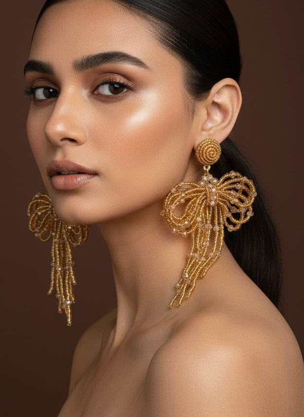 Pookie Bow (Gold) Handmade Beaded Earrings