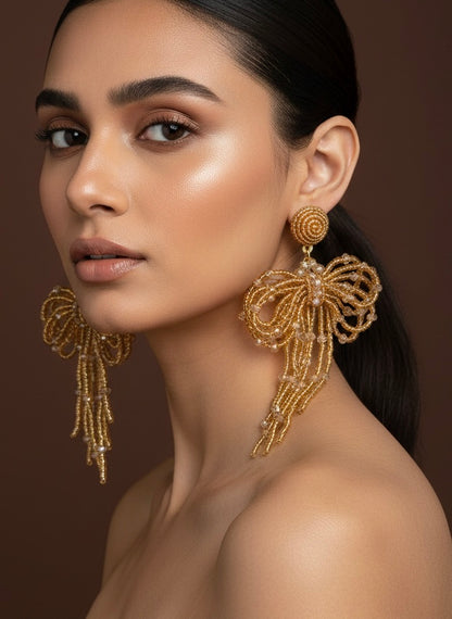 Pookie Bow (Gold) Handmade Beaded Earrings