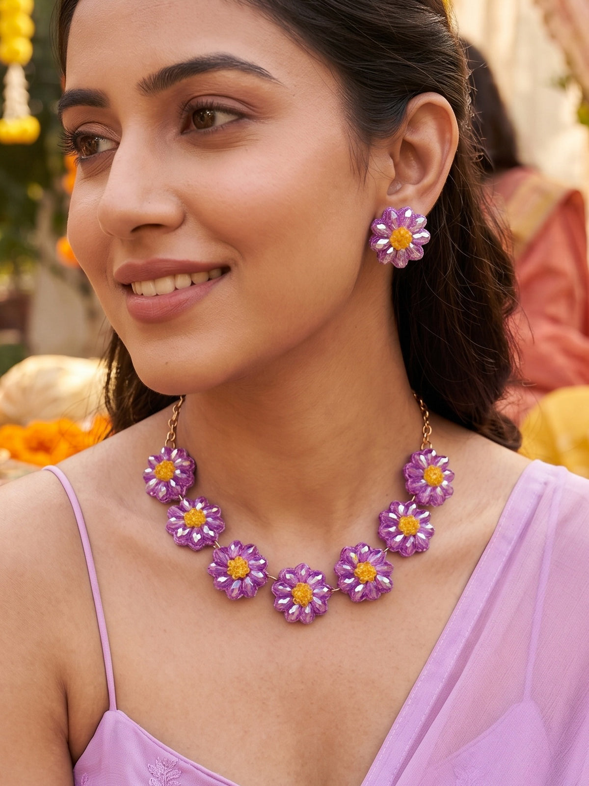 Sparkling Lilac Purple Daisy Handmade Beaded Necklace + Earrings Set
