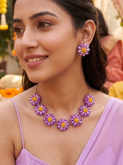 Sparkling Lilac Purple Daisy Handmade Beaded Necklace + Earrings Set
