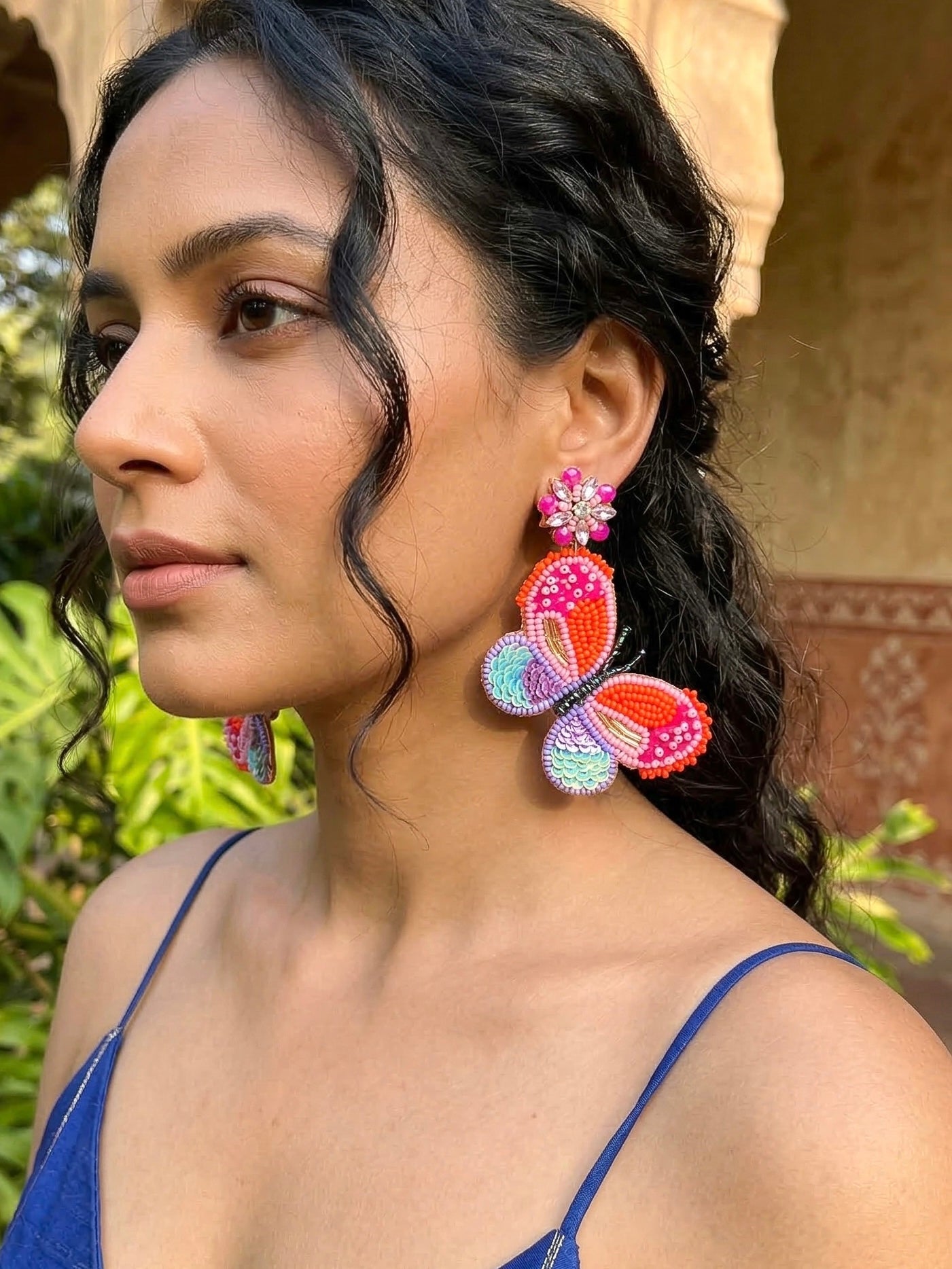 Paradise Sunset Orange Pink Handmade Beaded Butterfly Earrings