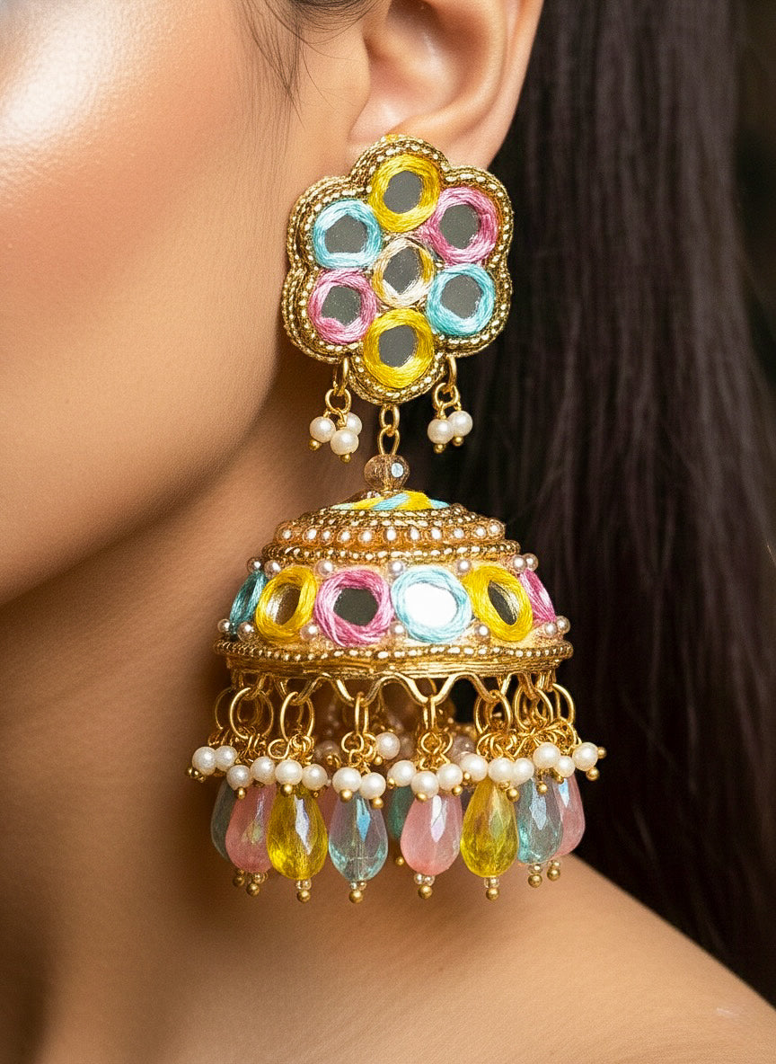 Phuljhadi Mirror Handmade Beaded Jhumka Earrings
