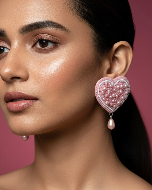 Blushing Pearlheart Handmade Beaded Earrings