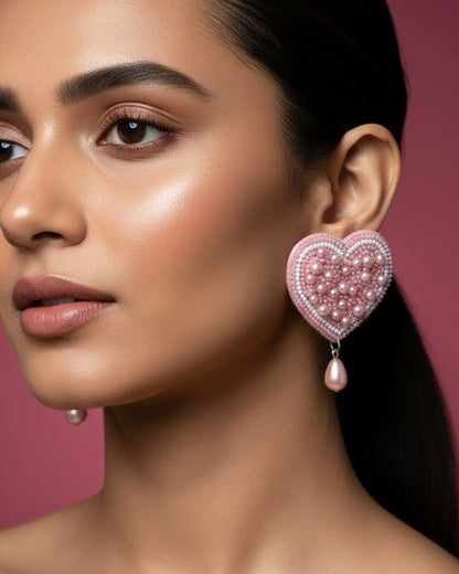 Blushing Pearlheart Handmade Beaded Earrings
