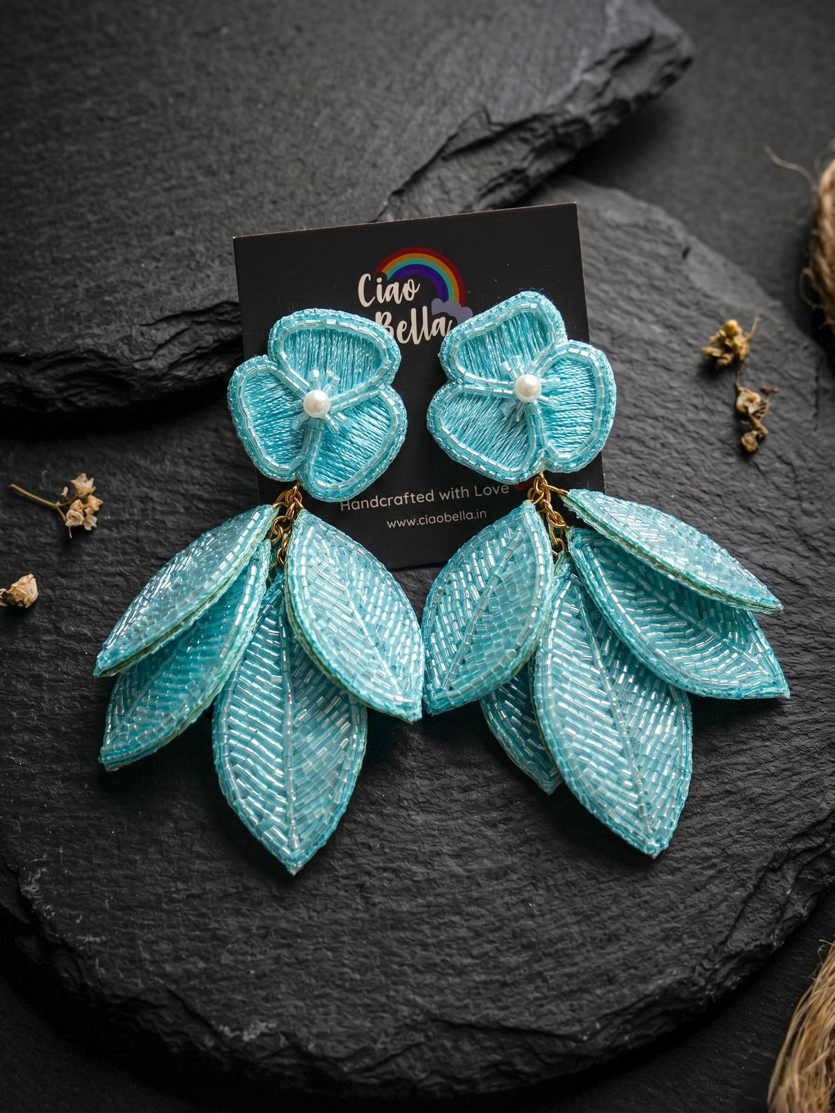 Luxe Leafy Affair Aqua Blue Handmade Beaded Earrings