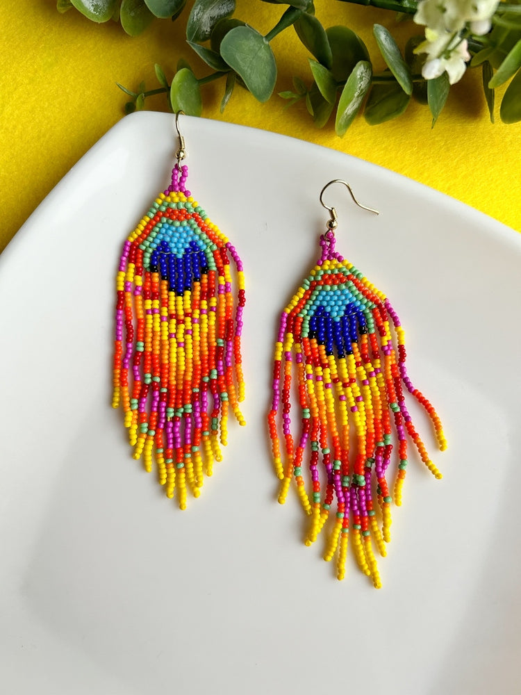 Pink Peacock Feather Handmade Beaded Tassel Bird Earrings