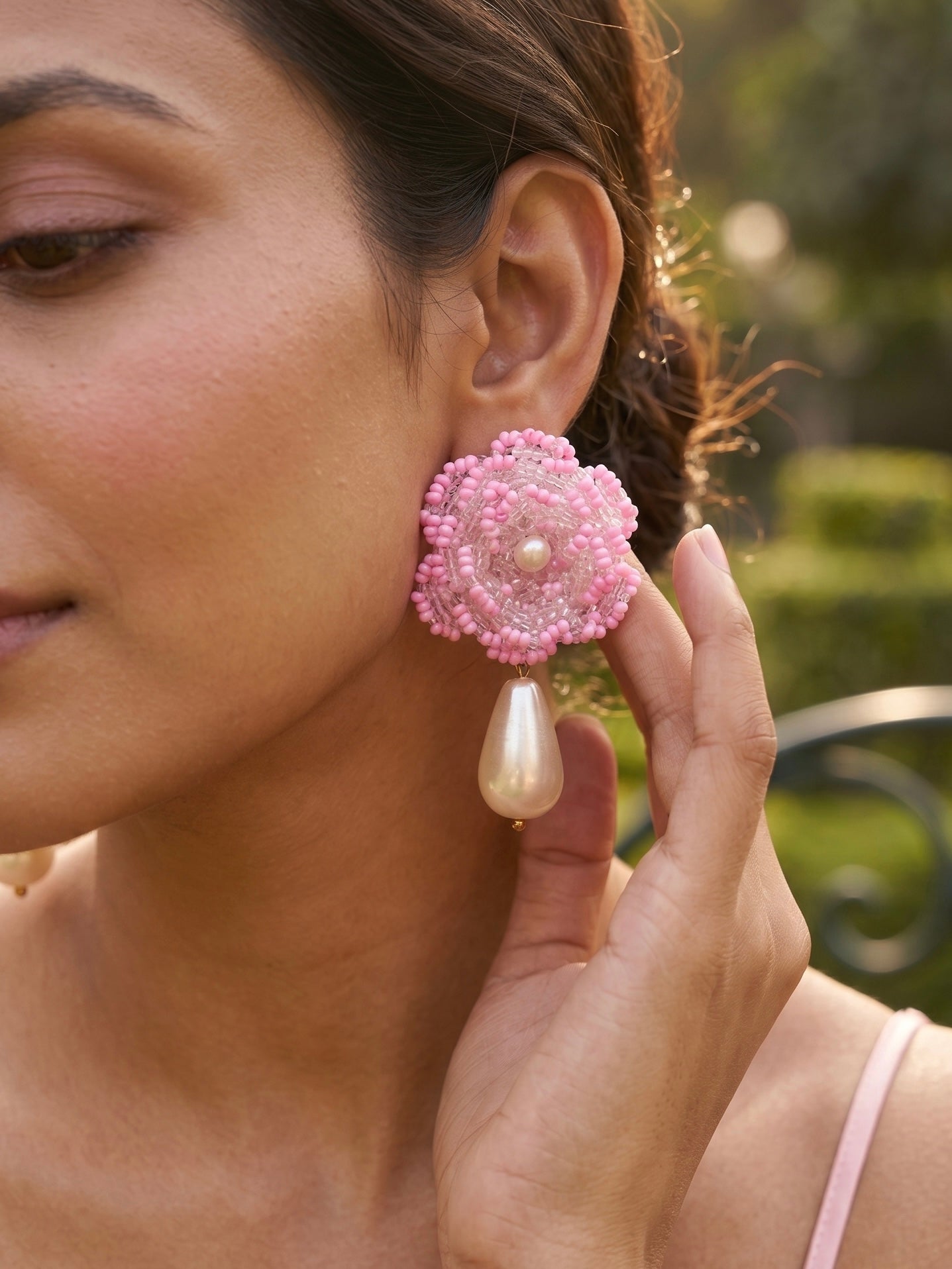 Crochet Blush Pink 3D Rose Pearl Drops Flower Handmade Beaded Earrings