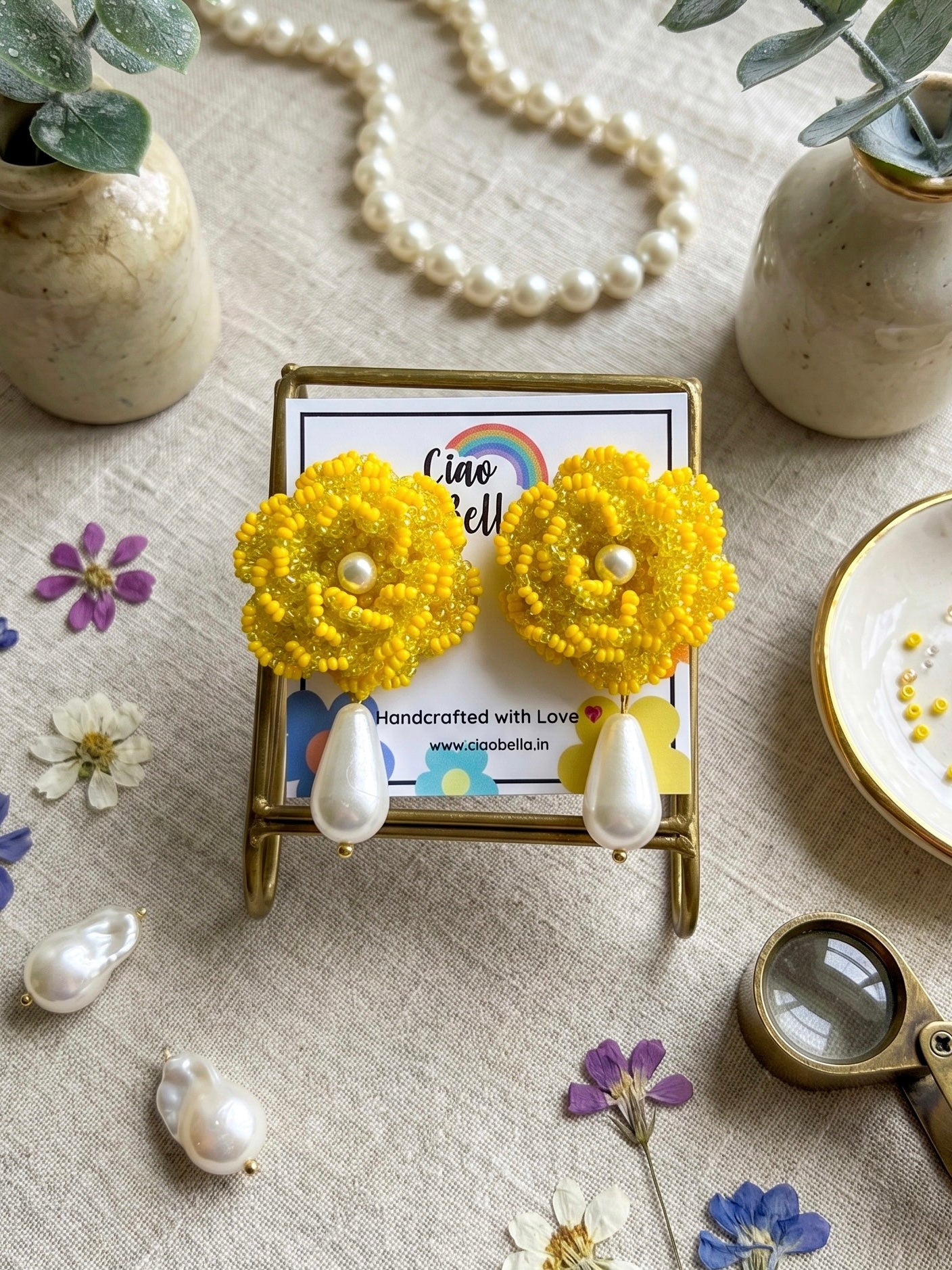 Crochet Yellow 3D Rose Pearl Drops Flower Handmade Beaded Earrings