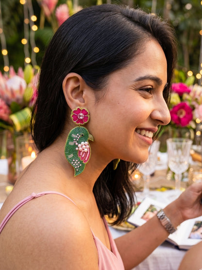 Blooming Birdie Green Pink Handmade Beaded Earrings