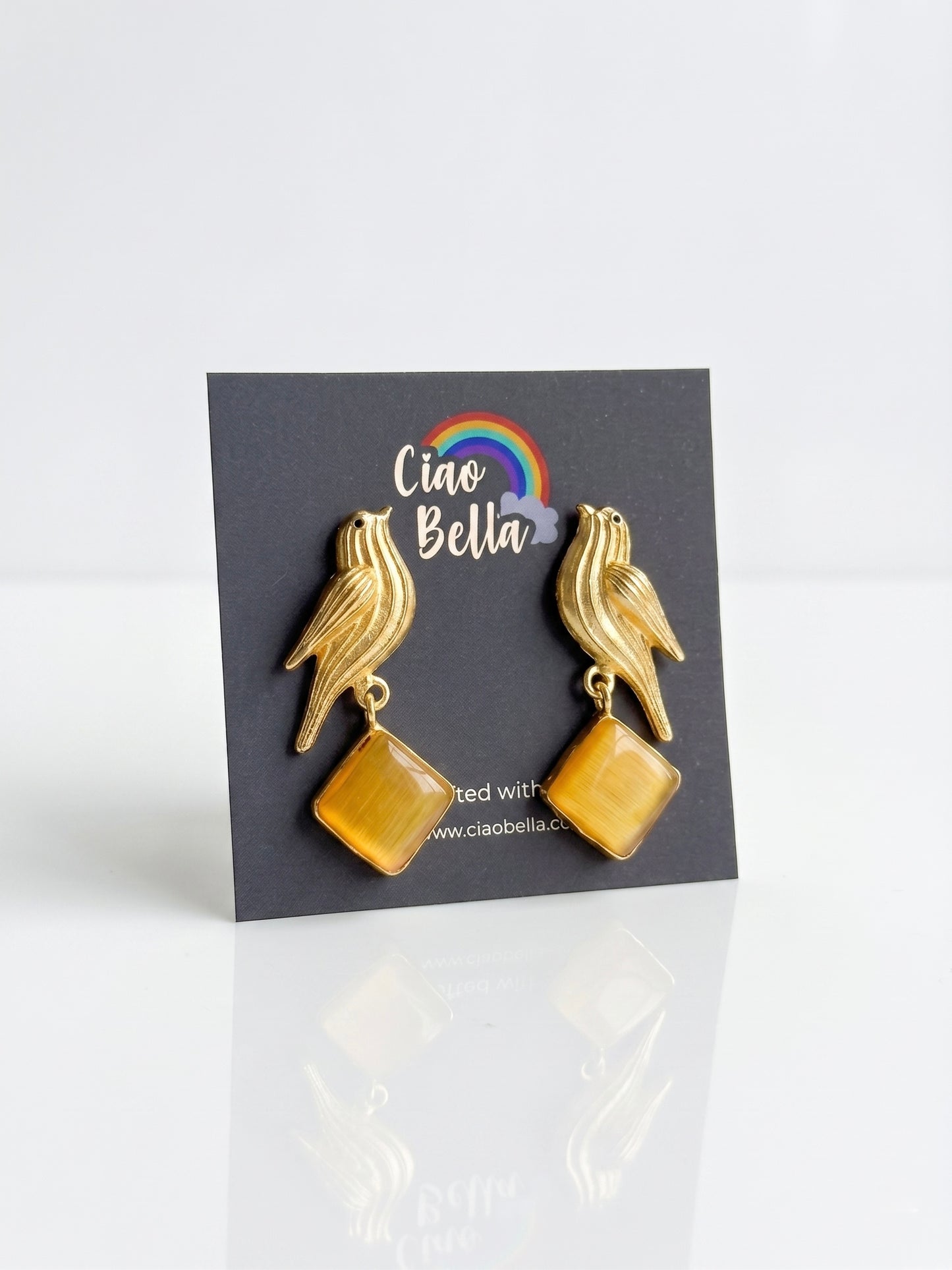Hello Birdie Handmade Brass Earrings - Yellow Diamond
