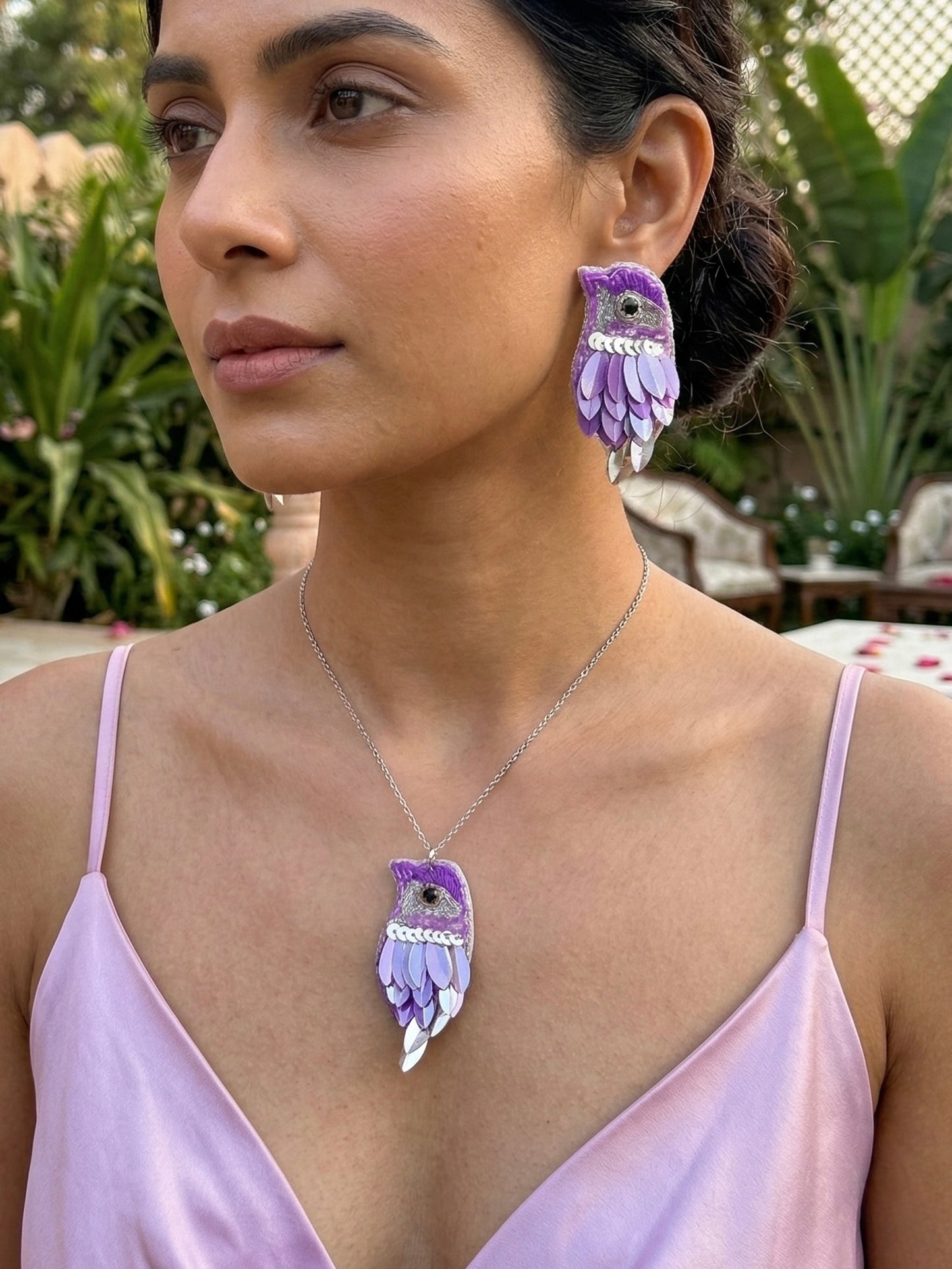 Chirpy Lilac Purple Parrot Handmade Beaded Necklace + Earrings Set