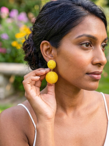 Sunshine Yellow Round Drop Handmade Beaded Earrings