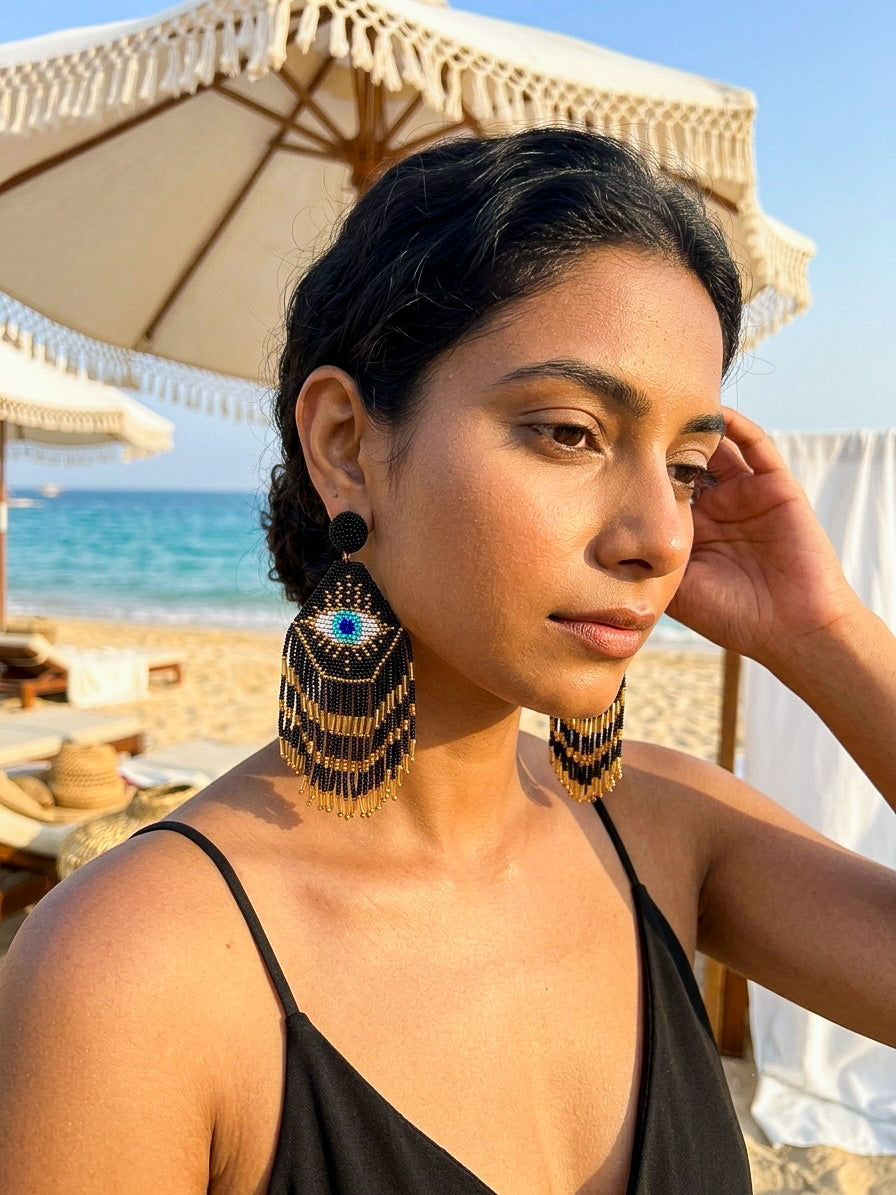Nazarbattu Evil Eye Handmade Beaded Tassel Earrings