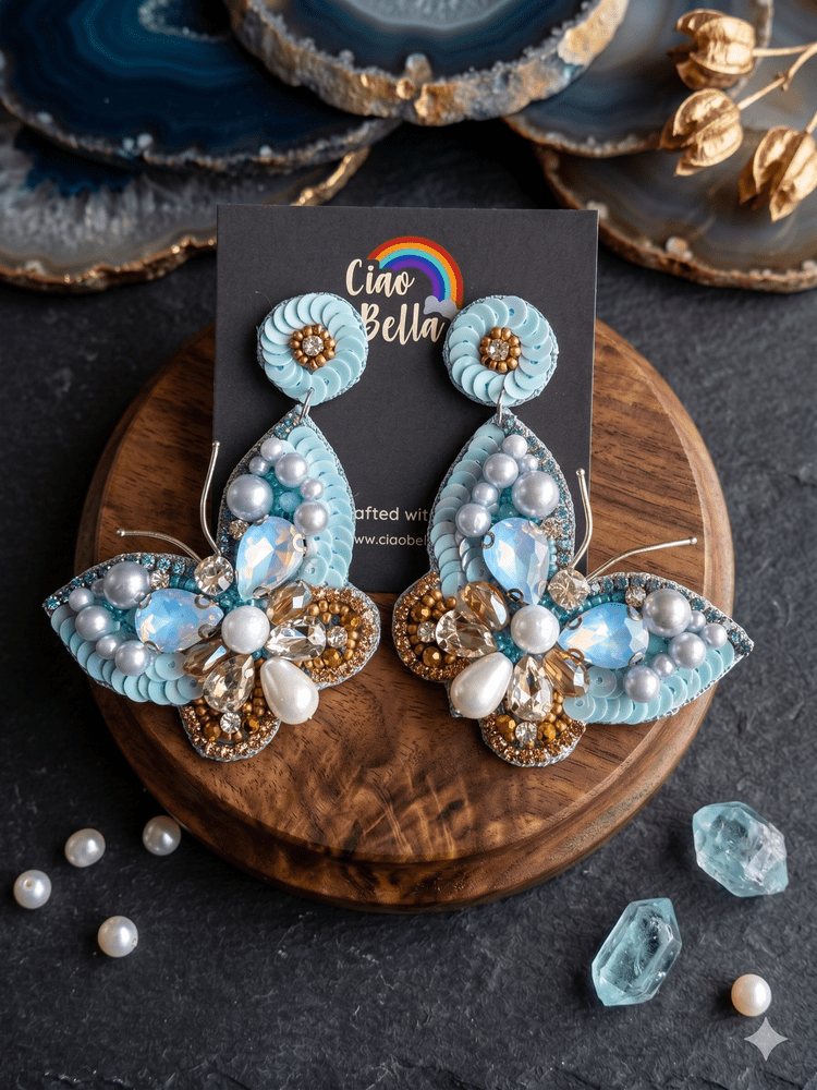 Luxe Crystal Aqua Blue Handmade Beaded Butterfly Earrings