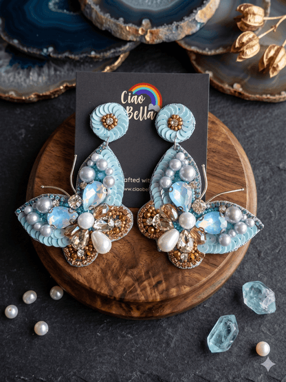 Luxe Crystal Aqua Blue Handmade Beaded Butterfly Earrings