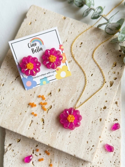 Sparkling Hot Pink Flower Handmade Beaded Necklace + Earrings Set