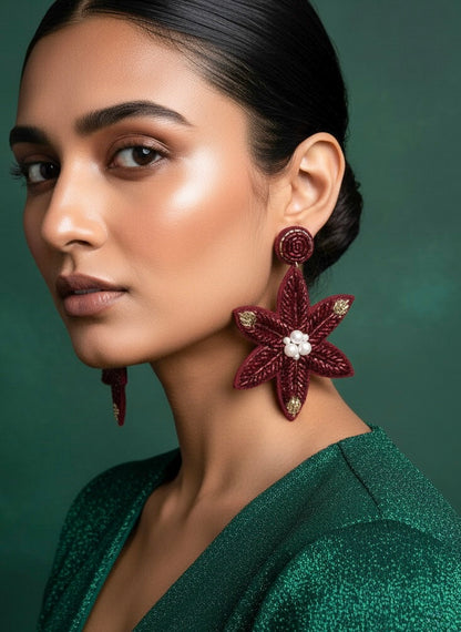 Poinsettia Petals Handmade Beaded Christmas Flower Earrings