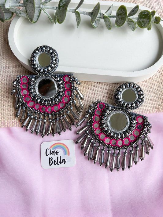 Chandrika Mirror Pink Handmade Beaded Earrings
