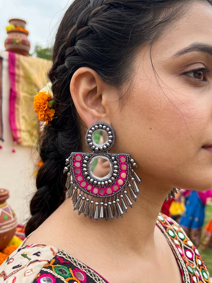 Chandrika Mirror Pink Handmade Beaded Earrings