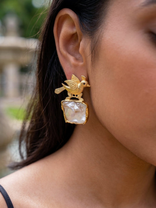 Cute Birdie Mother Of Pearl Handmade Brass Earrings