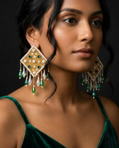 Golden Emerald Green Glamour Handmade Beaded Earrings