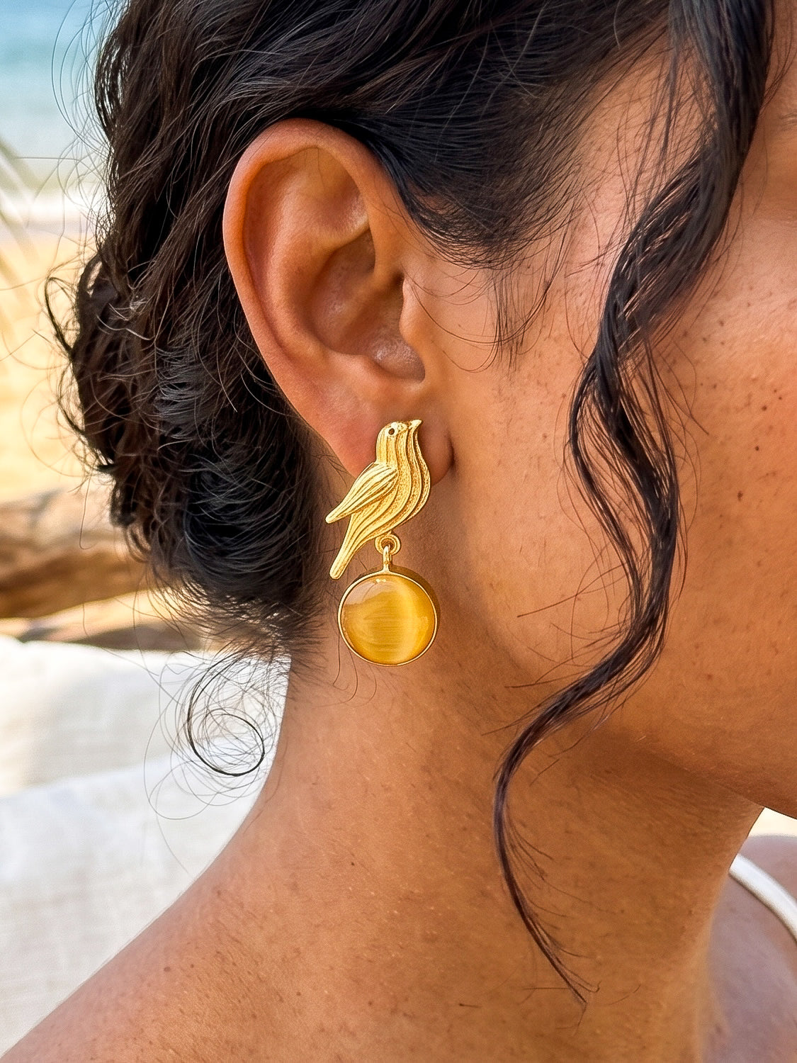 Hello Birdie Handmade Brass Earrings - Yellow Round