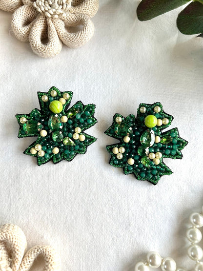 Green Autumn Leaf Handmade Beaded Earrings