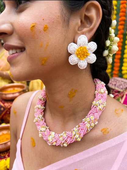 Luxe Flora Pink Handmade Beaded Necklace + Earrings Set