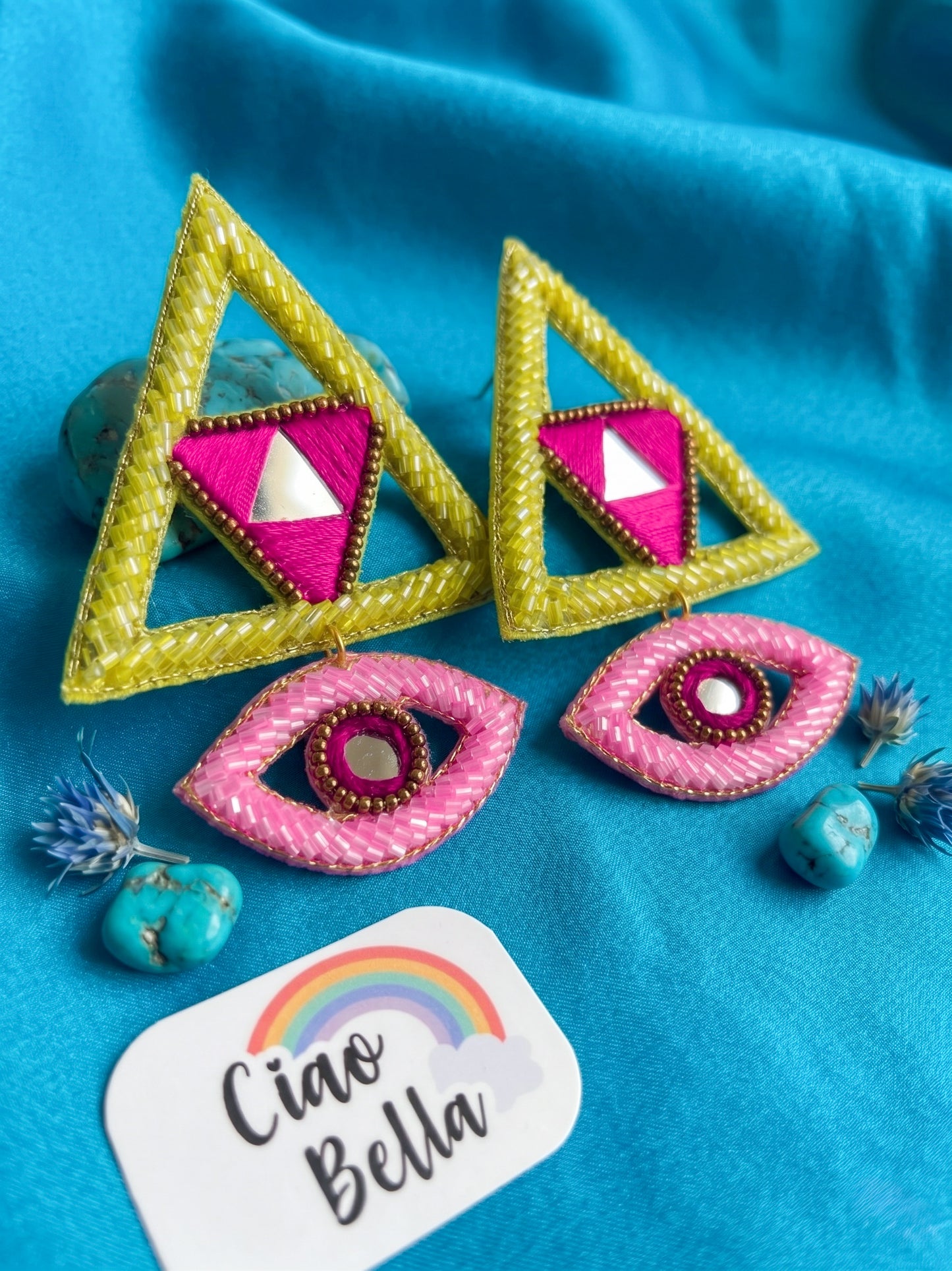 Electric Lime Green & Pink Evil Eye Handmade Beaded Earrings