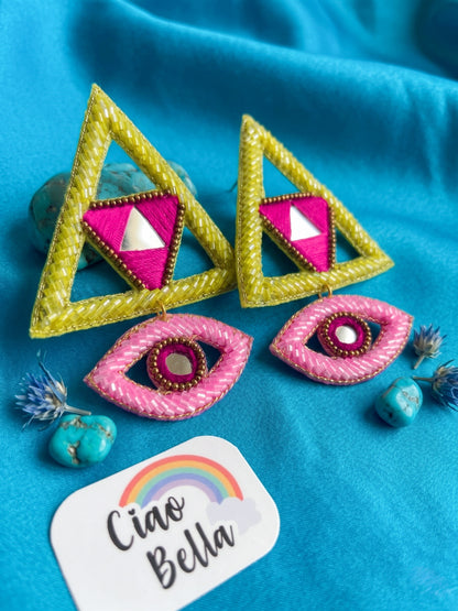 Electric Lime Green & Pink Evil Eye Handmade Beaded Earrings