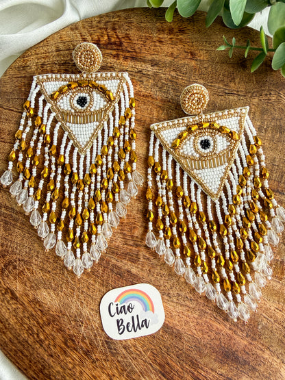 Luxe Evil Eye White Handmade Beaded Tassel Earrings