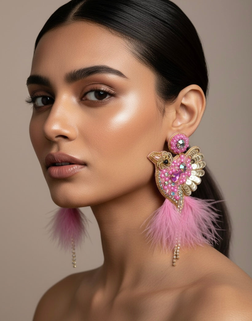 Glamorous Pink Birdies Handmade Beaded Bird Earrings