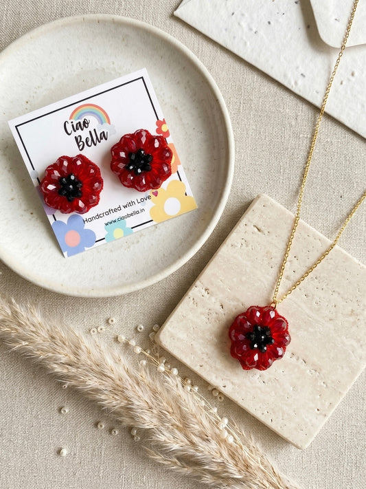 Sparkling Red Flower Handmade Beaded Necklace + Earrings Set