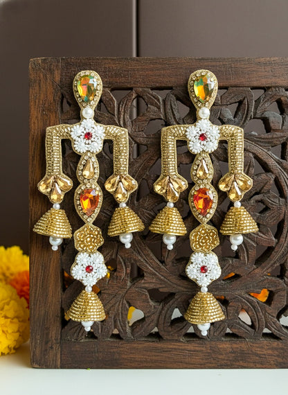 Rajwada Green Red Danglers Handmade Beaded Statement Earrings