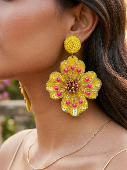 Sunny Glow Yellow Flower Handmade Beaded Earrings