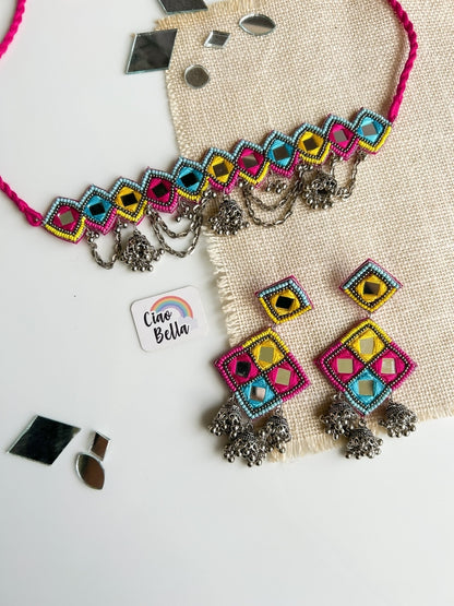 Rangrez Mirror Handmade Beaded Necklace & Earrings Set