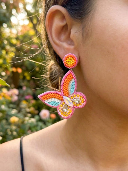 Sun-Kissed Pink Handmade Beaded Butterfly Earrings