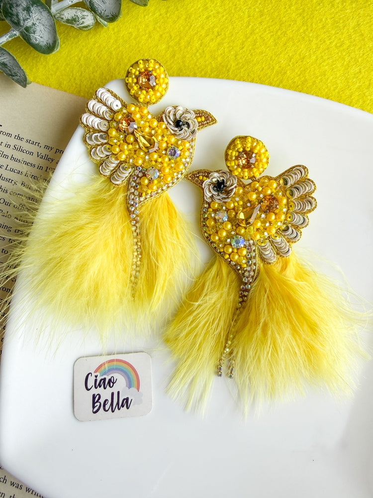 Glamorous Yellow Birdies Handmade Beaded Bird Earrings