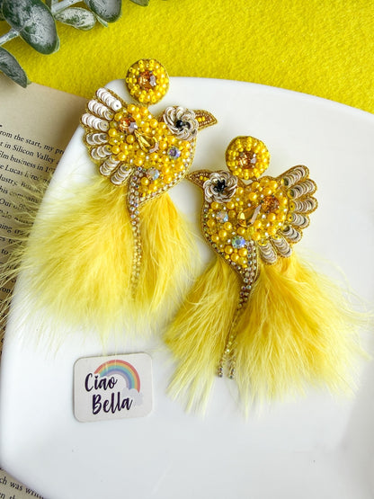 Glamorous Yellow Birdies Handmade Beaded Bird Earrings