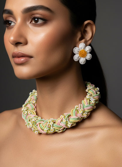 Luxe Flora Green Pink Yellow Handmade Beaded Necklace + Earrings Set